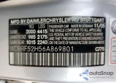 2006 Mercedes-Benz C 230 из США, поврежденный, VIN WDBRF52H56A869801